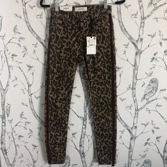 ZARA Premium Leopard Print Velvet Trim Jeans 2 - Picture 6 of 7